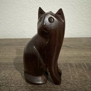 Vintage Handcrafted Wooden Cat Figurine - Brown